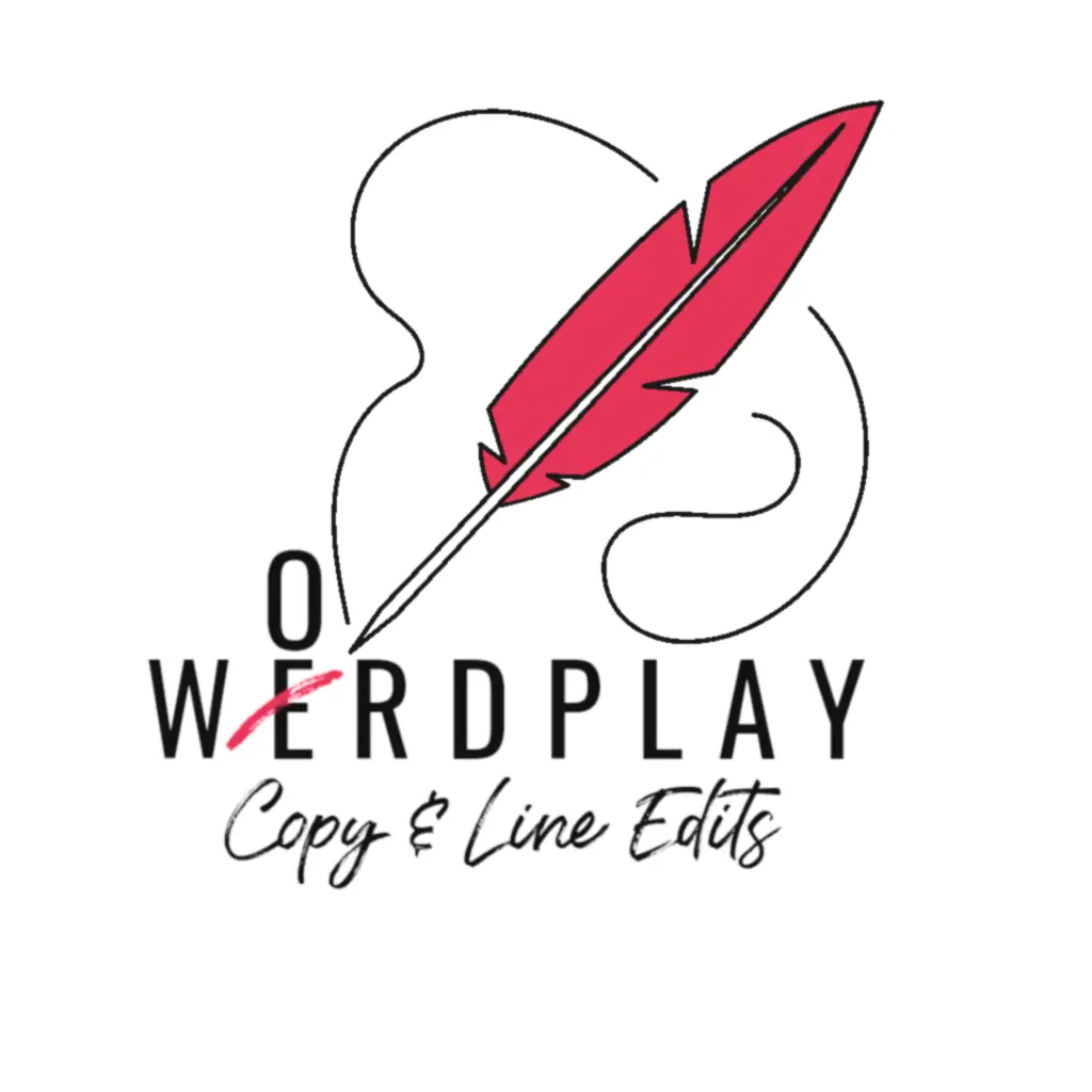 Wordplay copy & Line Edits logo: red quill marking off the e and replacing it with o to make wordplay