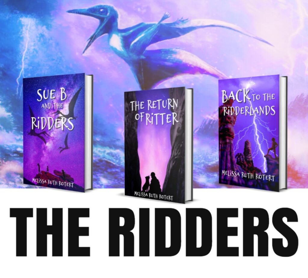 The three covers of the books in the Ridders Series are in front of a stormy blue and purple sky with a young pterasaur screeching with his mouth open. The words below read "The Ridders."